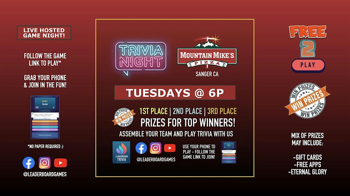 Trivia Night | Mountain Mike's Pizza - Sanger CA - TUE 6p @LeaderboardGames