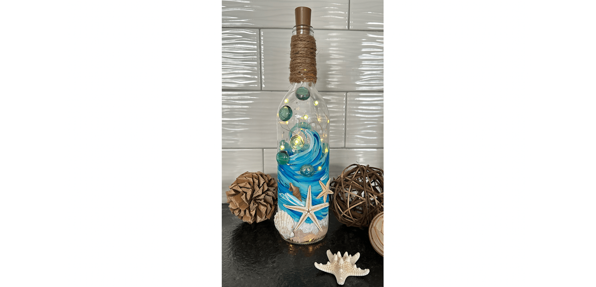 Ocean Beach Wine Bottle with Lights & Shells Decor  Paint Sip Art Class