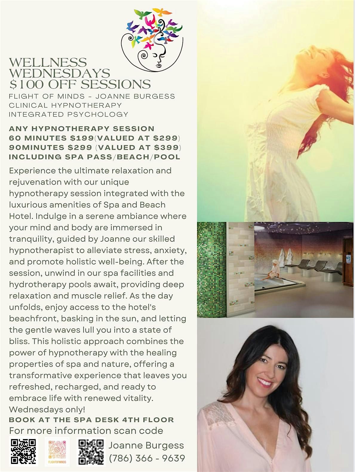Wellness Wednesday  $100 OFF  -Hypnotherapy session - including Spa - Beach