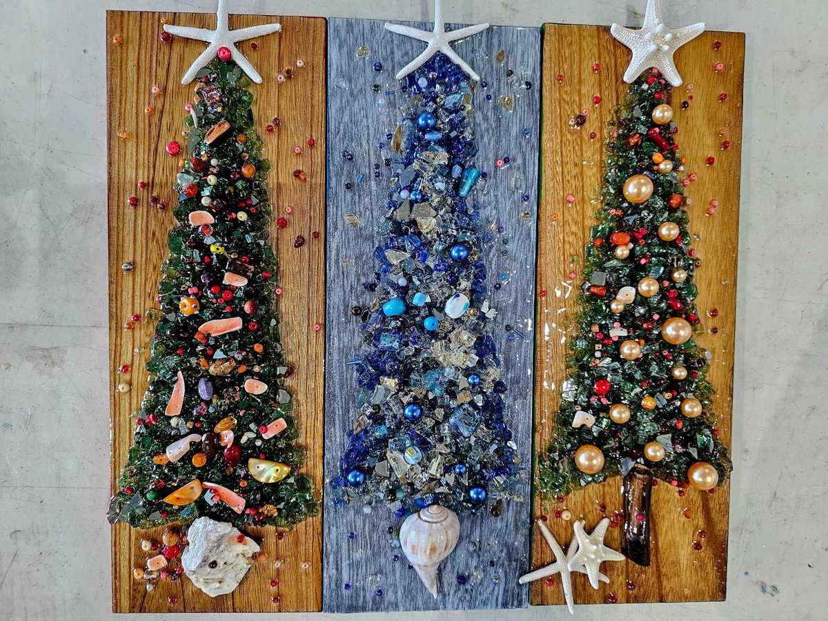 Mixed Media Christmas Trees on 12" Wooden Plank