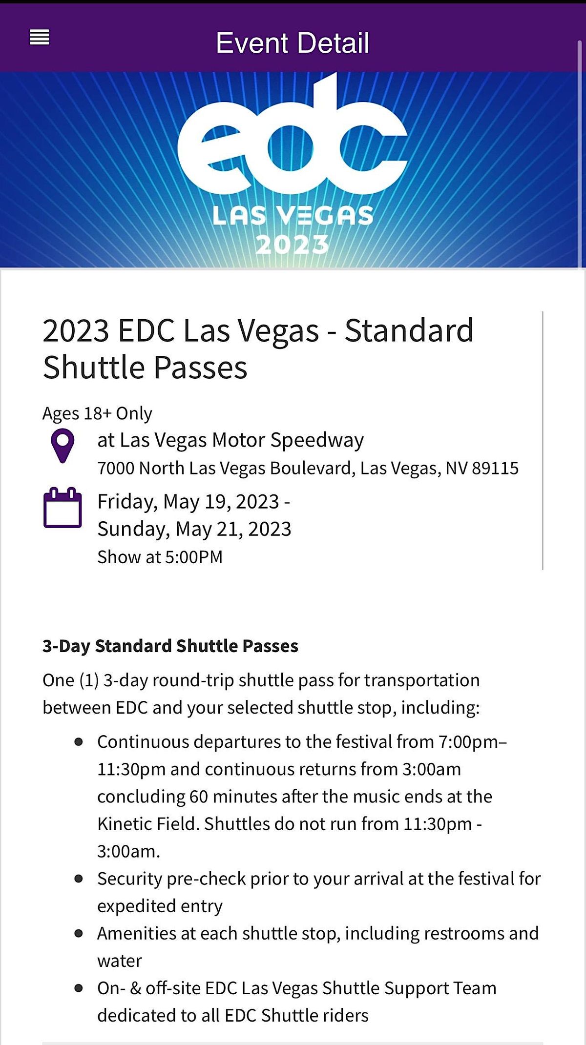 2023 EDC Las Vegas - Standard Shuttle Passes