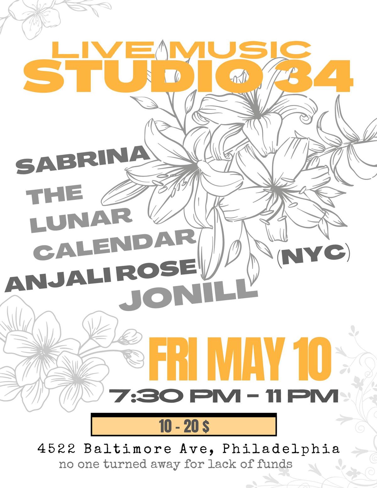 Live Music : Jonill, Anjali Rose, The Lunar Calendar, Sabrina