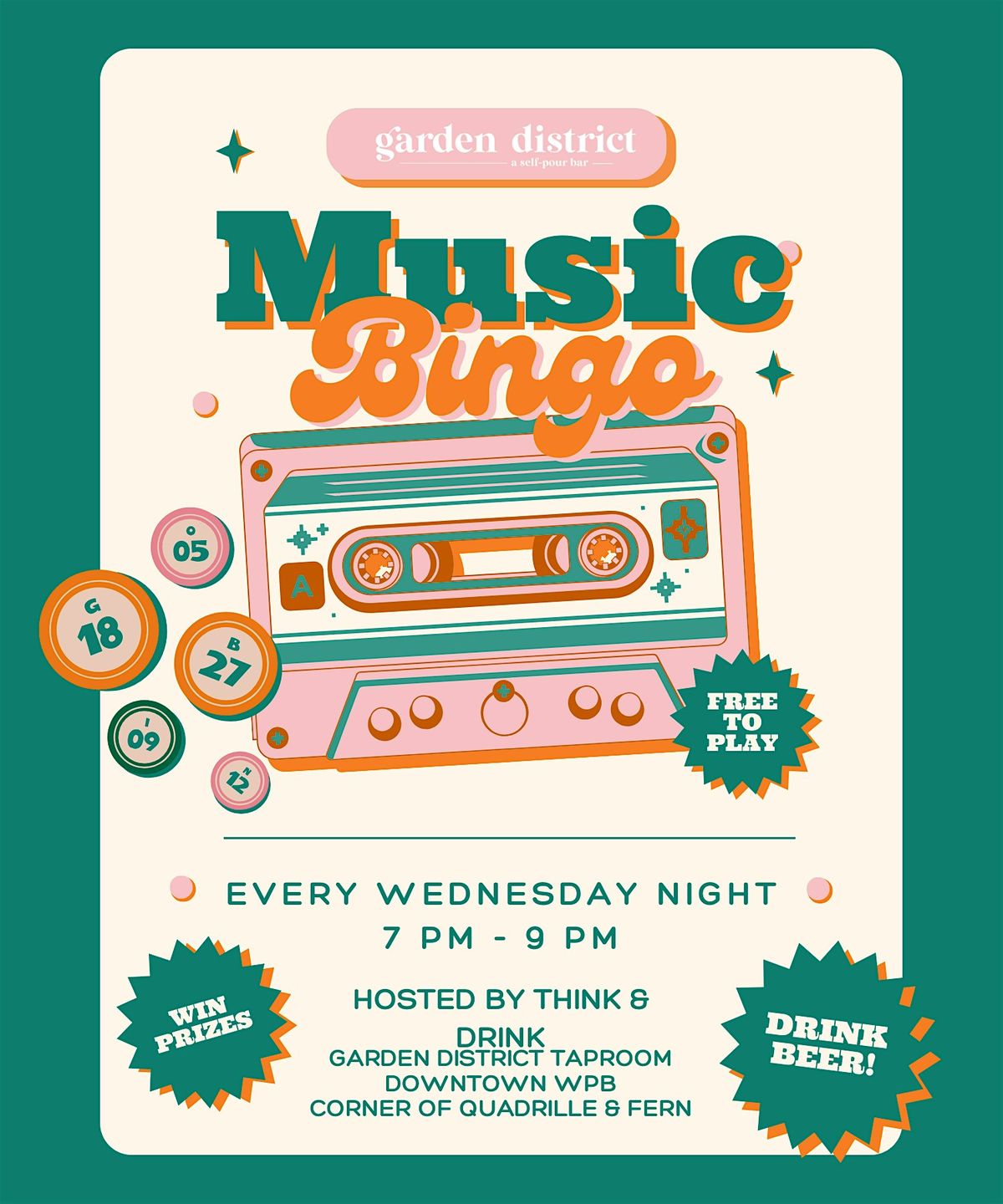 Music Bingo Wednesdays @ Garden District Taproom DOWNTOWN WPB!