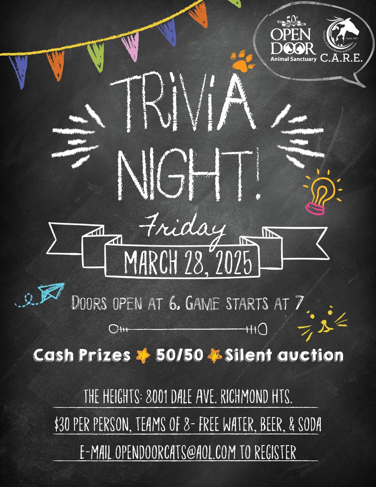 Spring Trivia, Friday March 28 Benefitting the cats and dogs of Open Door Animal Sanctuary & C.A.R.E