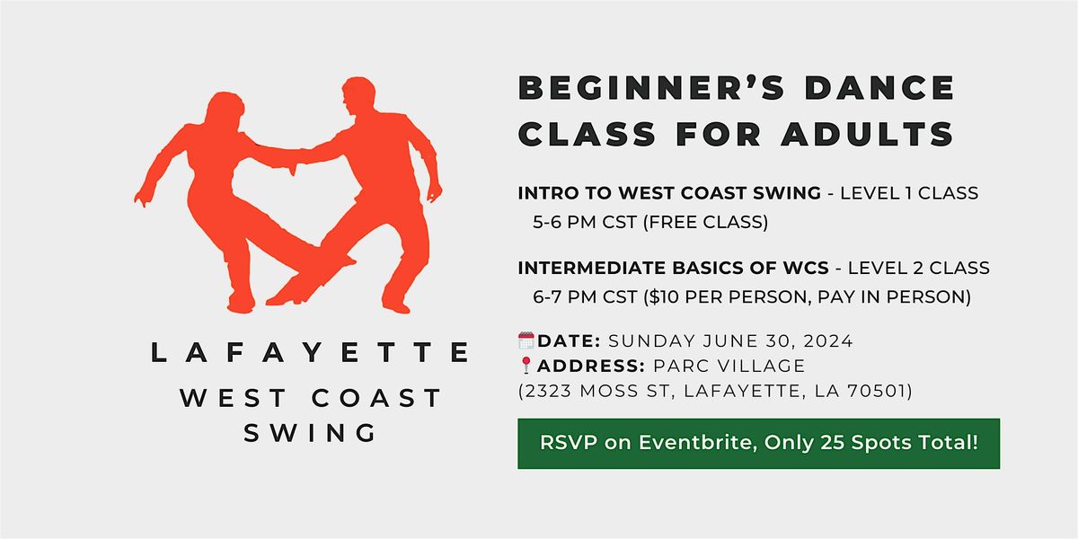 West Coast Swing - Dance Class  For Adults | Free: 5-6 PM, $10 from 6-7 PM