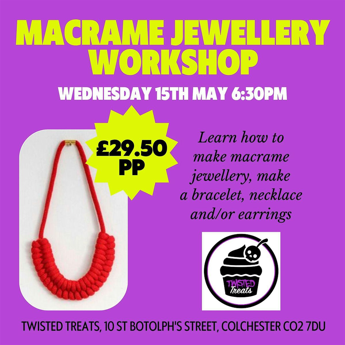 Macrame Jewellery Workshop, Hot Beverage and Cake