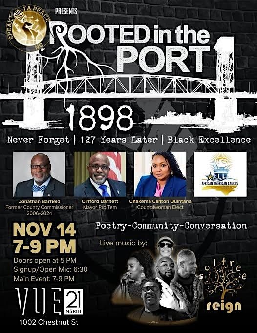 Rooted in the Port vibe out to live music & poetry by SolTree Reign