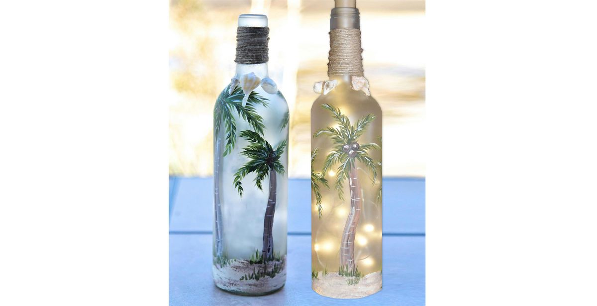 Palm Tree Wine Bottle with Lights & Shells Decor  Paint Sip Art Class