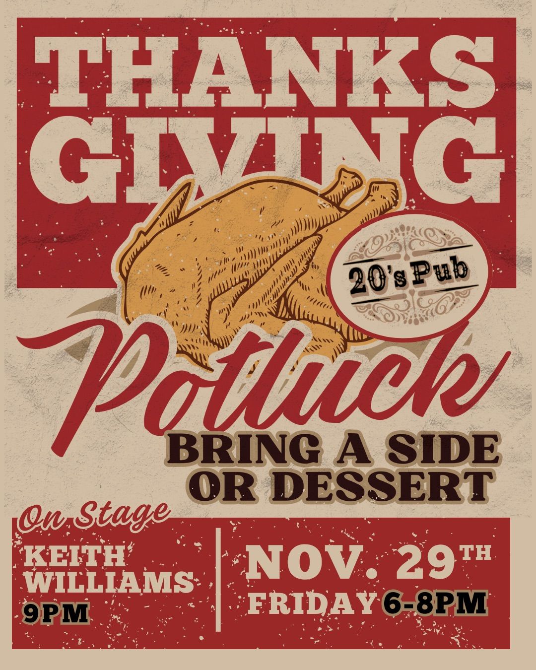 \ud83e\udd8320\u2019s Pub Thanksgiving Potluck Dinner & Music