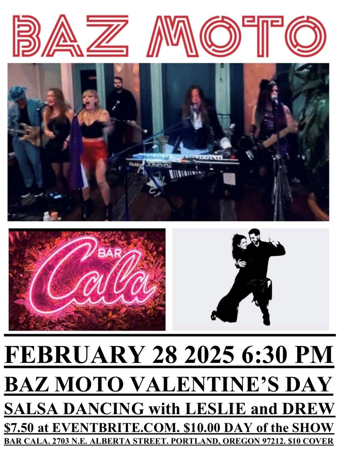 BAZ MOTO BAR CALA VALENTINE'S DAY SALSA with LESLIE & DREW FEBRUARY 28 2025 6:30 PM $10