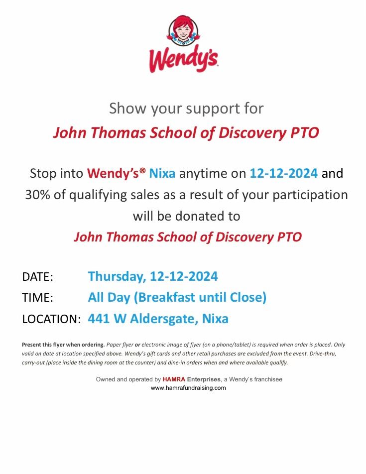 JTSD Wendy\u2019s Fundraising Day