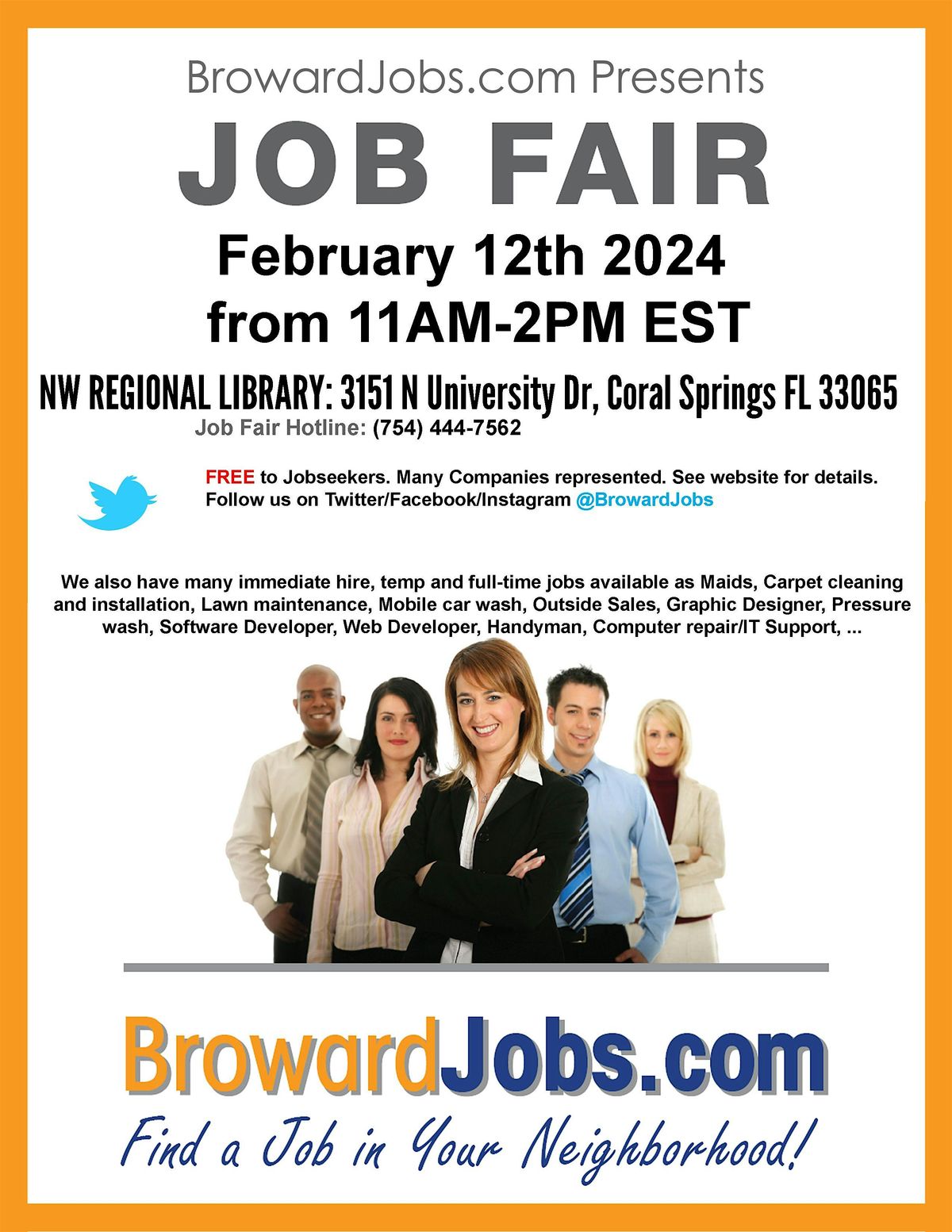 BrowardJobs.com Job Fair \/ Career Fair May 22nd,  2024  Coral Springs, Fl