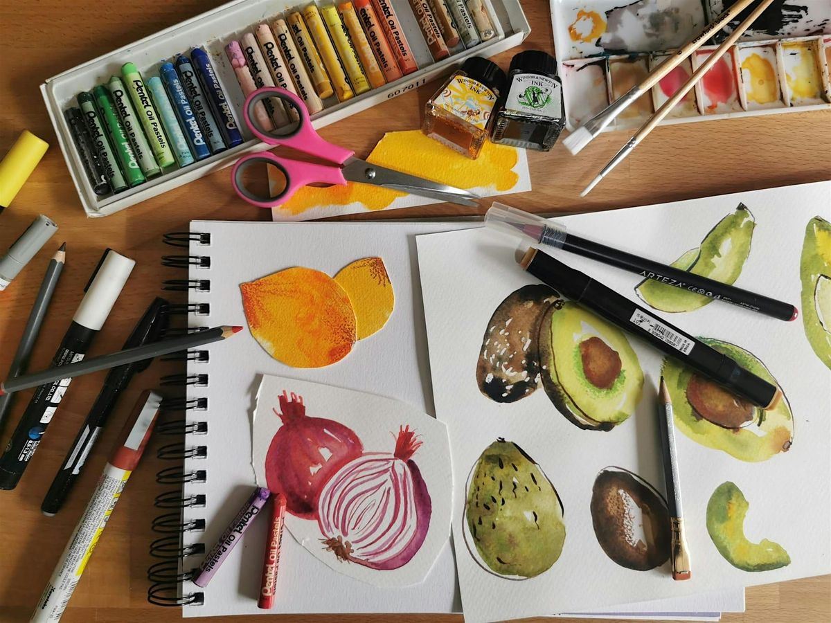 Mixed media food illustration session with meal