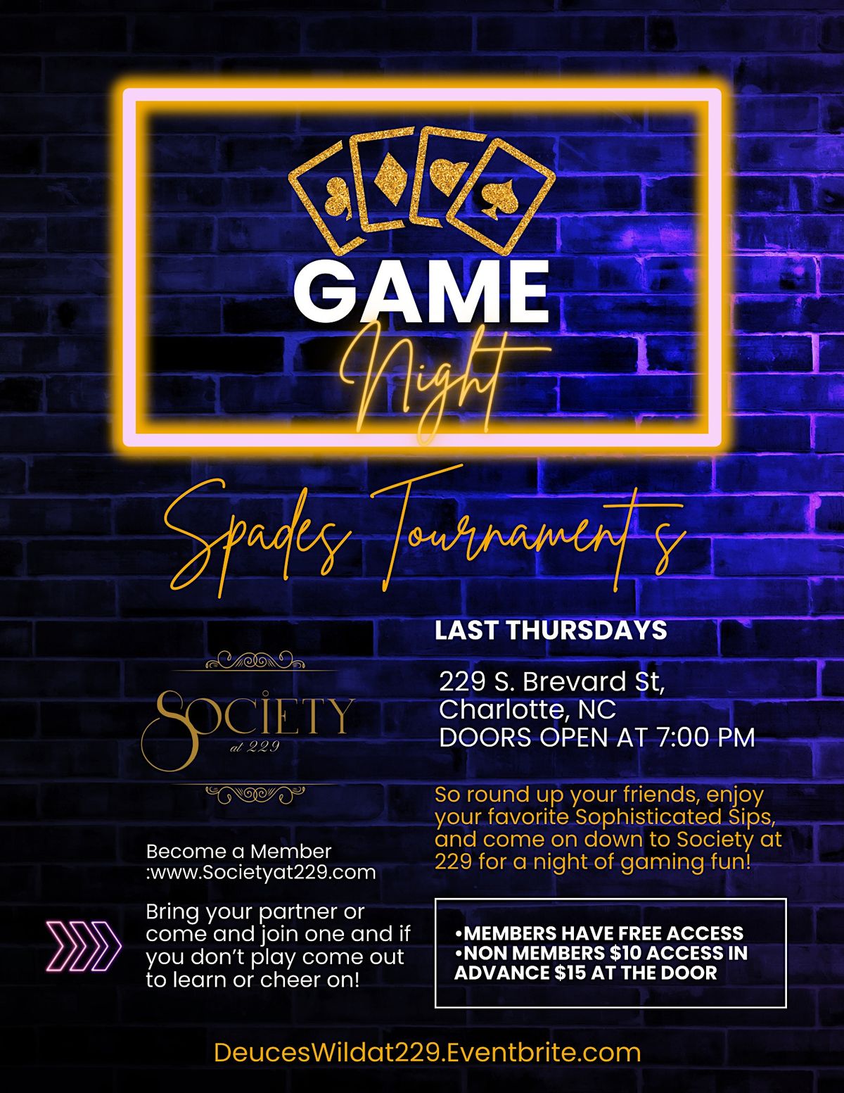 Spades Game Night @ Society at 229