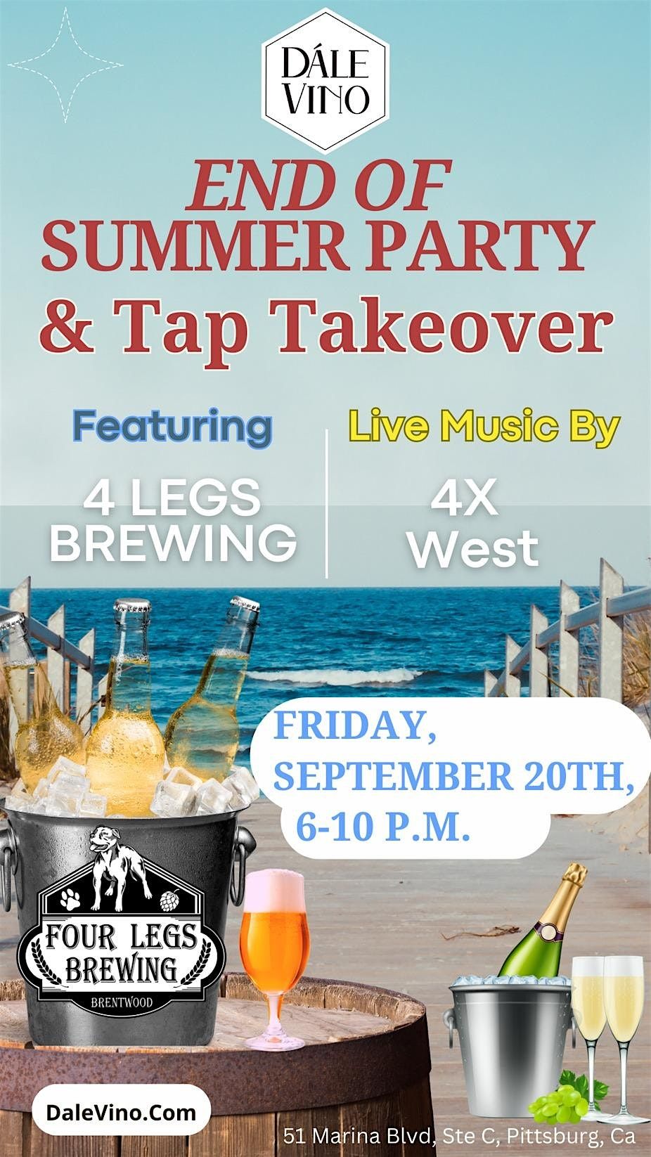 END OF SUMMER PARTY & TAP TAKEOVER W\/4 LEGS BEWING AND LIVE MUSIC BY 4X WES