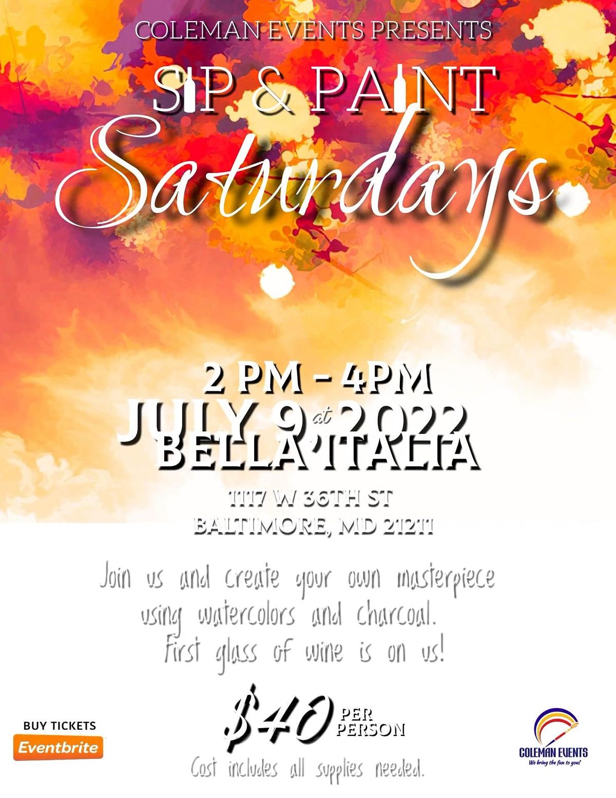 Sip & Paint Saturdays with Coleman Events at Bella, Bella Italia