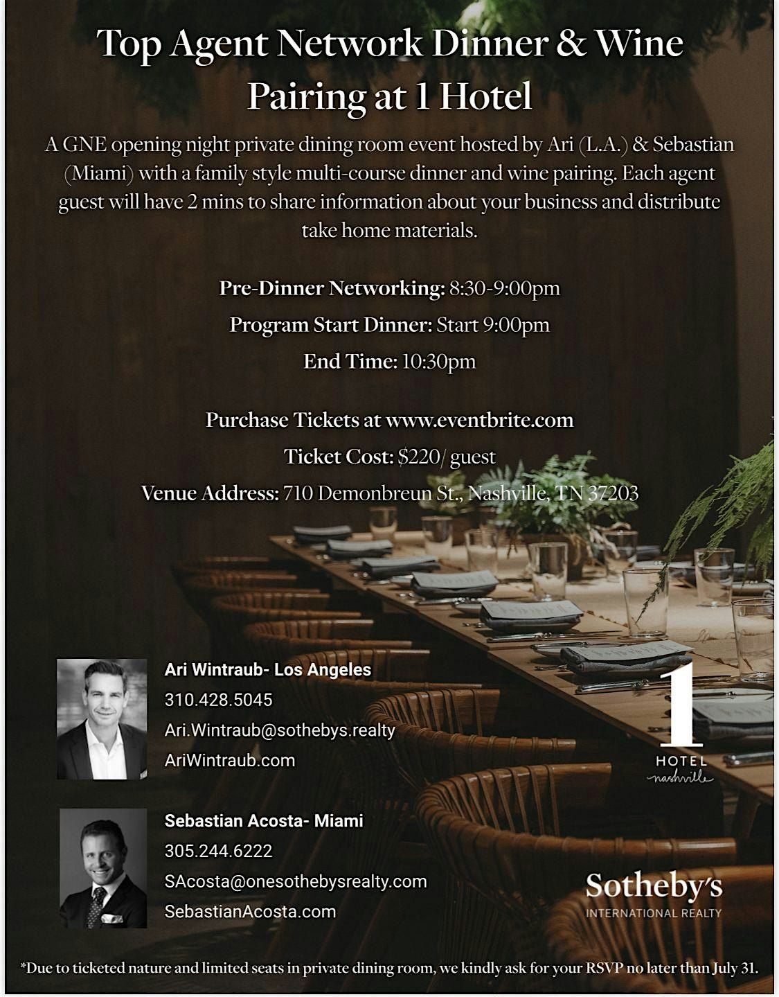 Sotheby's Top Agent Network Dinner & Wine Pairing at 1 Hotel Nashville