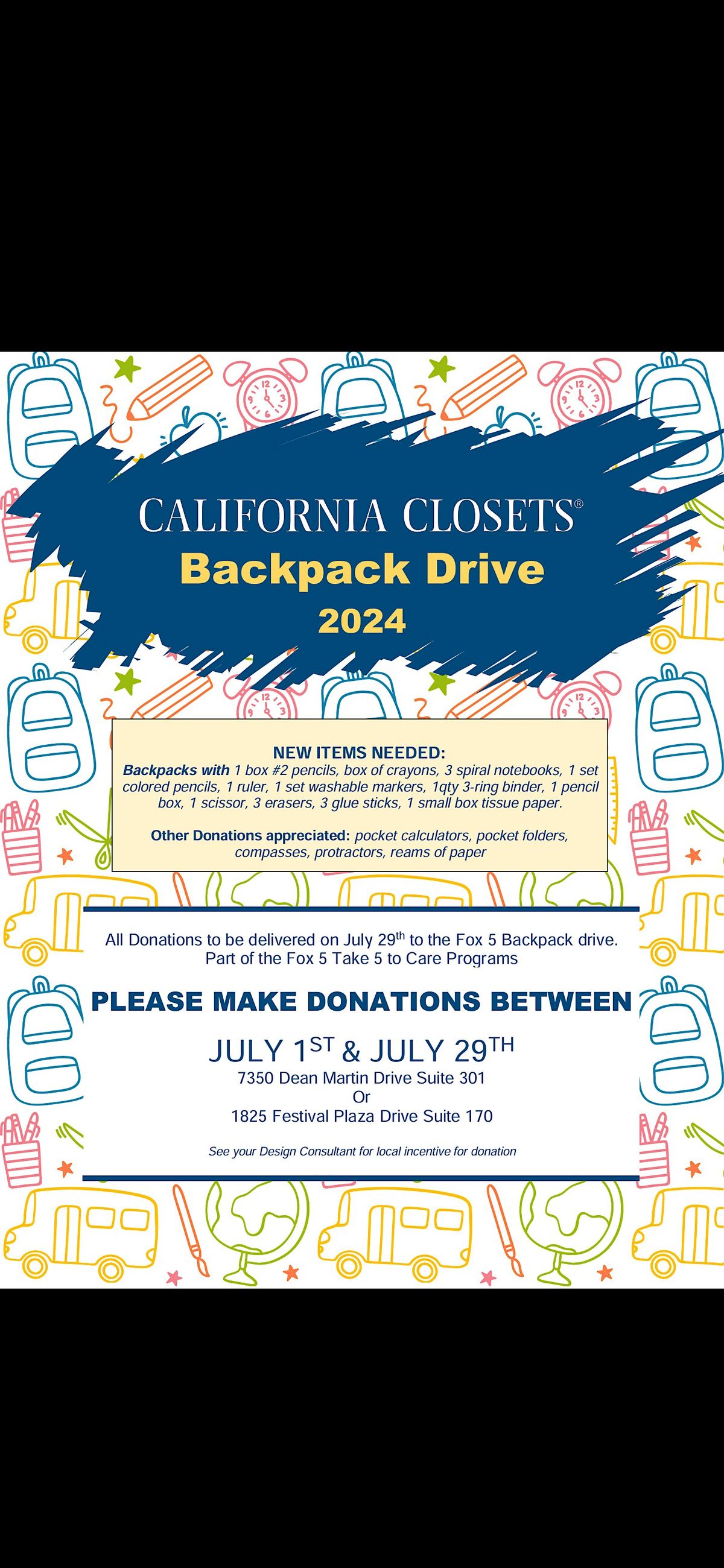 Back-to-School Backpack Drive at California Closets