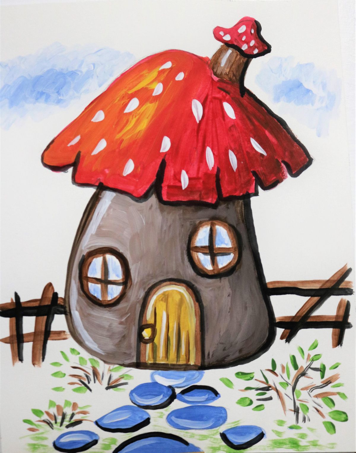 Painting a Mushroom House, Kids Acrylic Painting Class