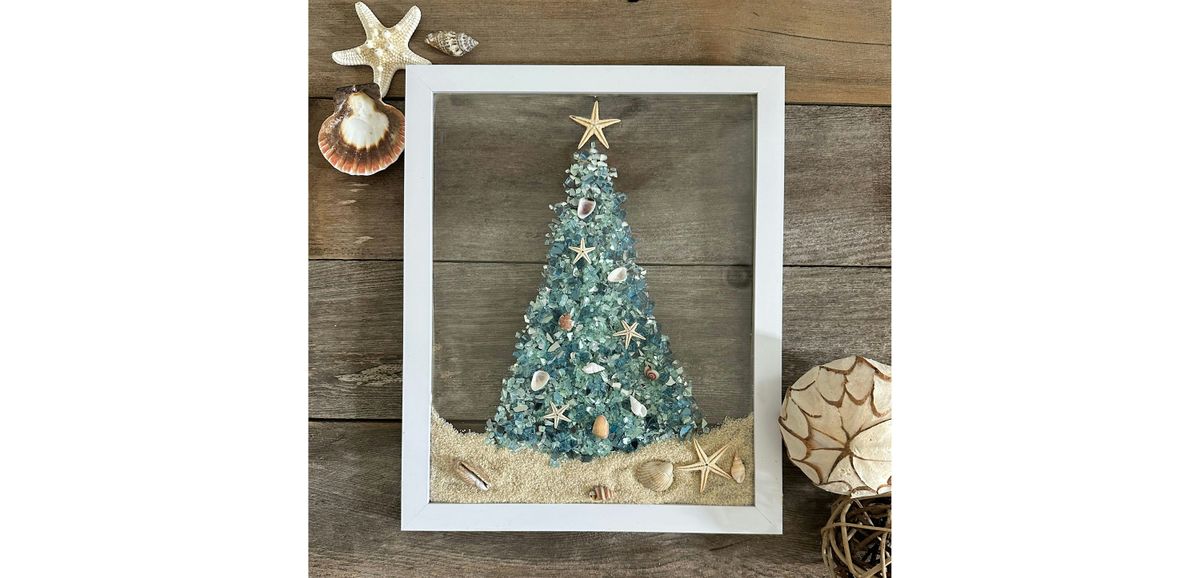 Beach Crushed Glass Christmas Tree with Shells in Frame Paint Sip Art Class