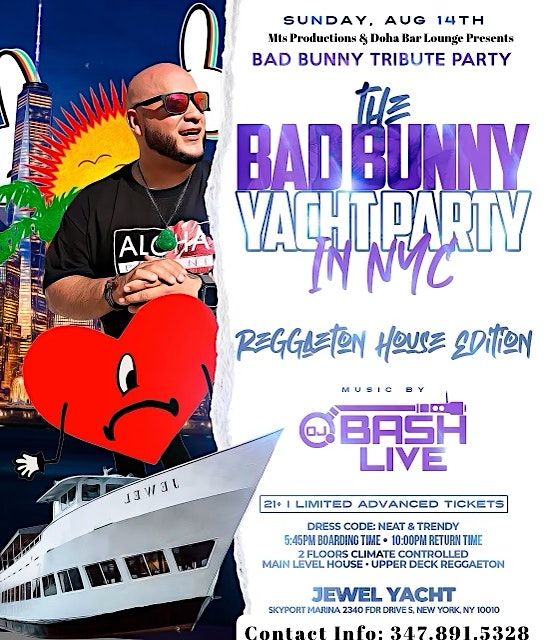 Bad Bunny Party - Sunset Booze Cruise at Jewel Yacht NYC, Skyport ...