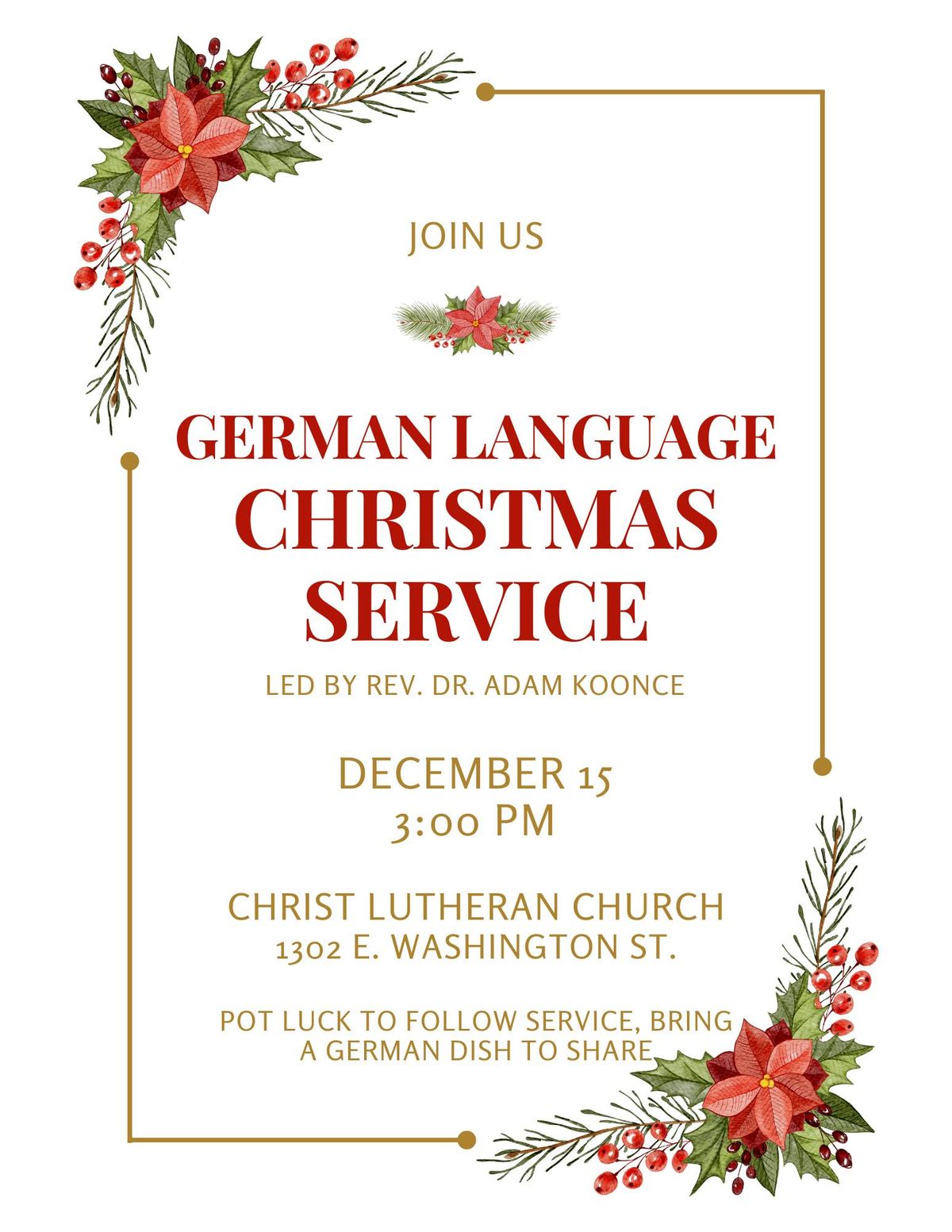 German language Christmas Service Dec 15 Christ Lutheran Church 1302 E Washington St. New Castle, Pa