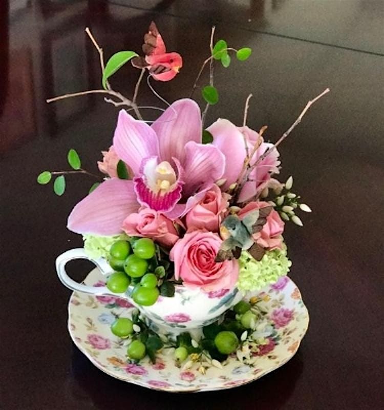 Vintage Tea Cup Floral Arrangement with Cream & Browns Florist