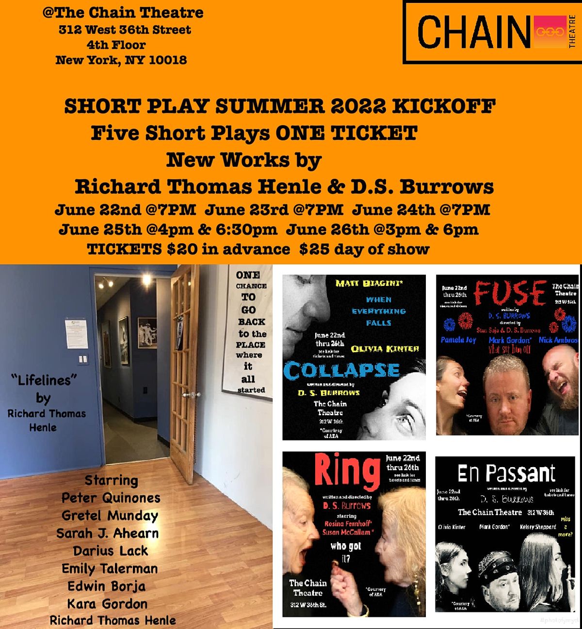 Summer 2022 Kickoff. Five New Plays ONE TICKET, Chain Theatre, New York