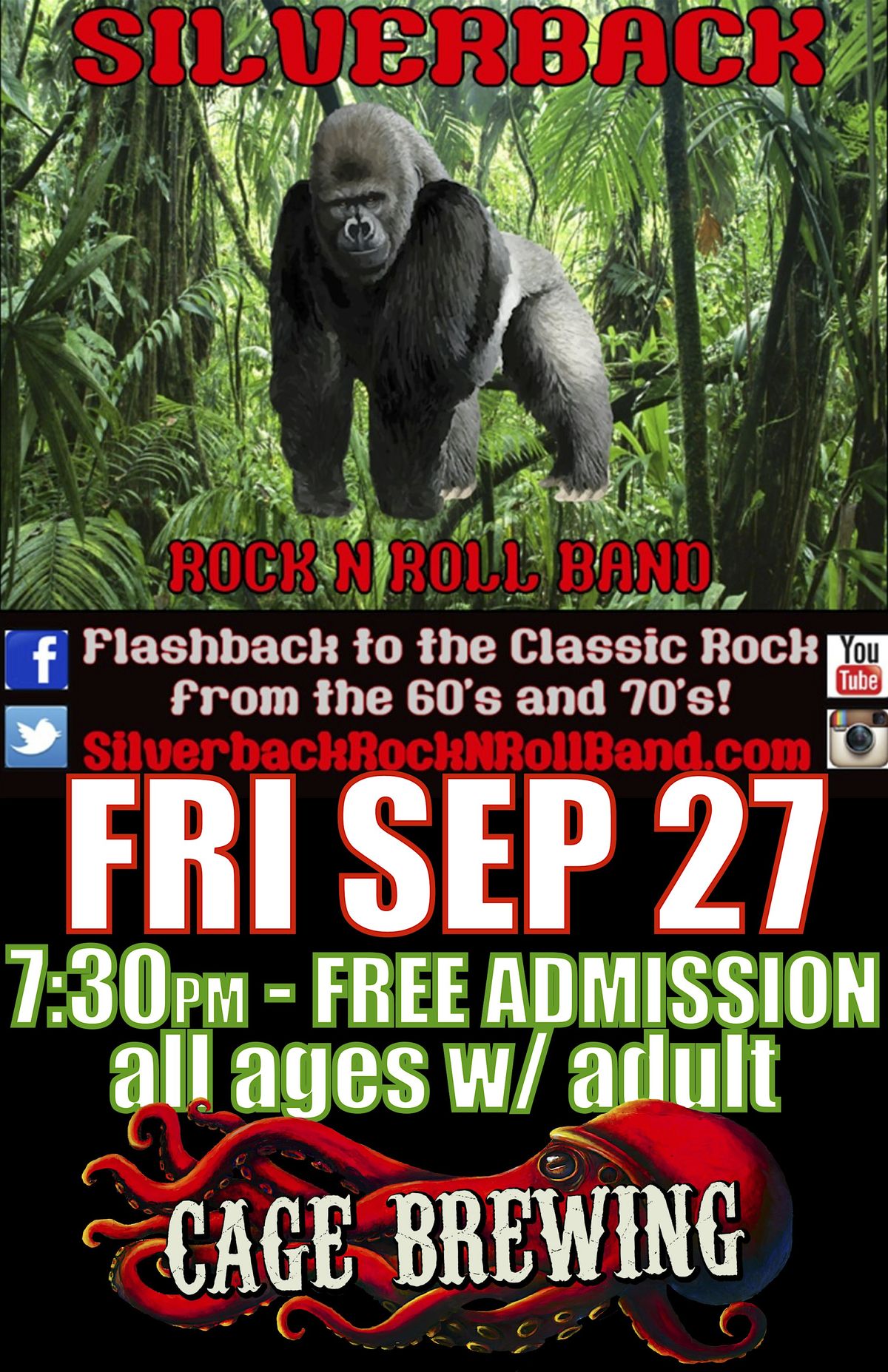 FREE ADMISSION:  Silverback Rock 'n Roll Band | FRI SEP 27 | Cage Brewing