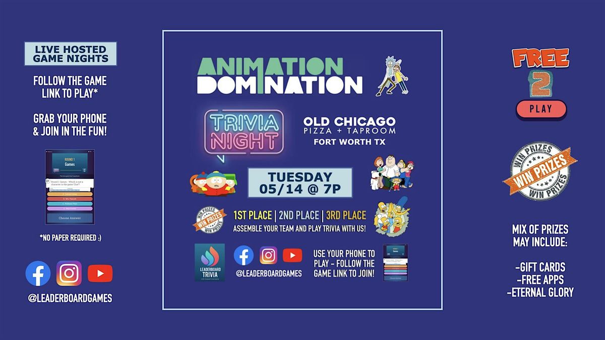 ANIMATION DOMINATION Theme Trivia | Old Chicago - Fort Worth TX - TUE 05\/14