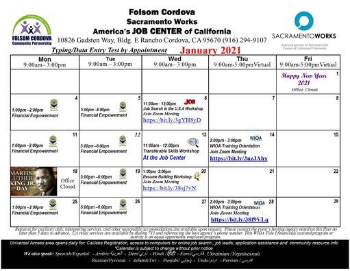 January Calendar - Folsom Cordova Job Center