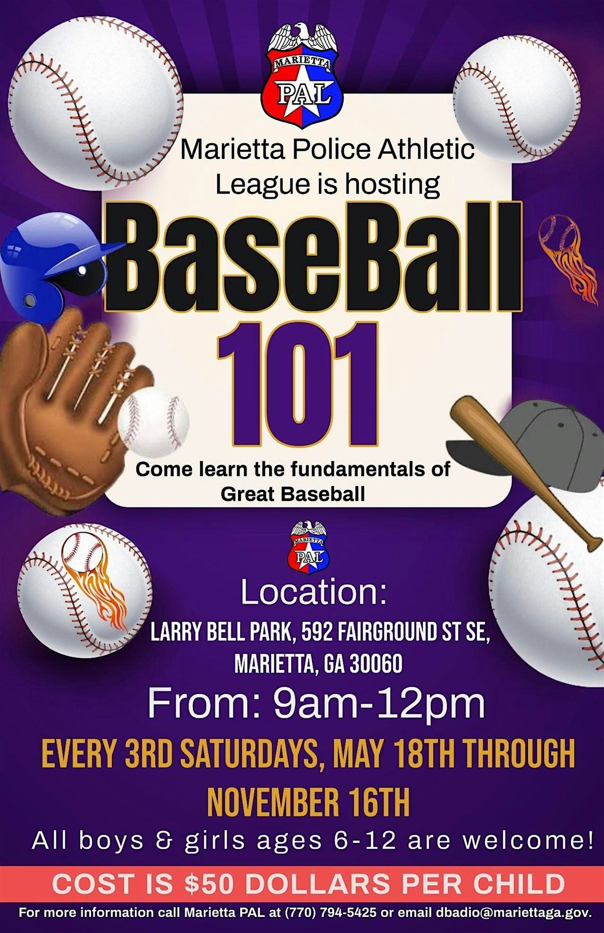 Marietta PAL "BASEBALL 101"  for boys  & girls ages 6-12 - 3rd Saturdays