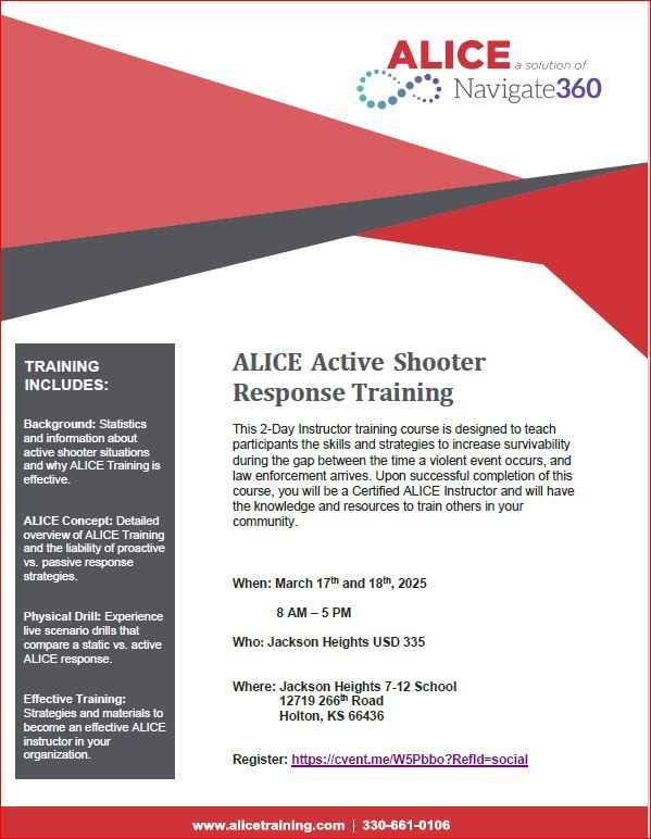 ALICE Instructor Certification Training: (Jackson Heights USD 335) Holton, KS