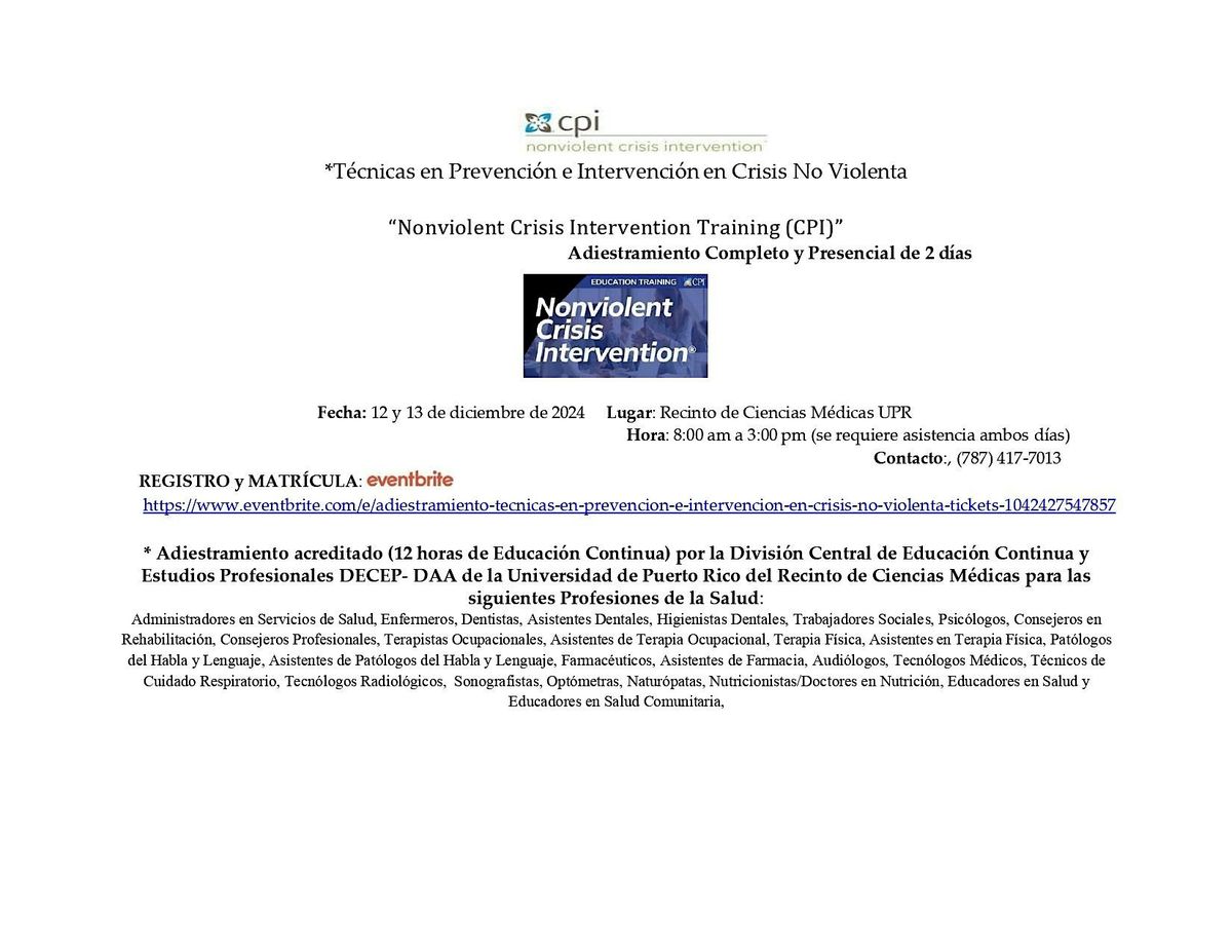 Adiestramiento T\u00e9cnicas en Prevenci\u00f3n e Intervenci\u00f3n en Crisis No Violenta