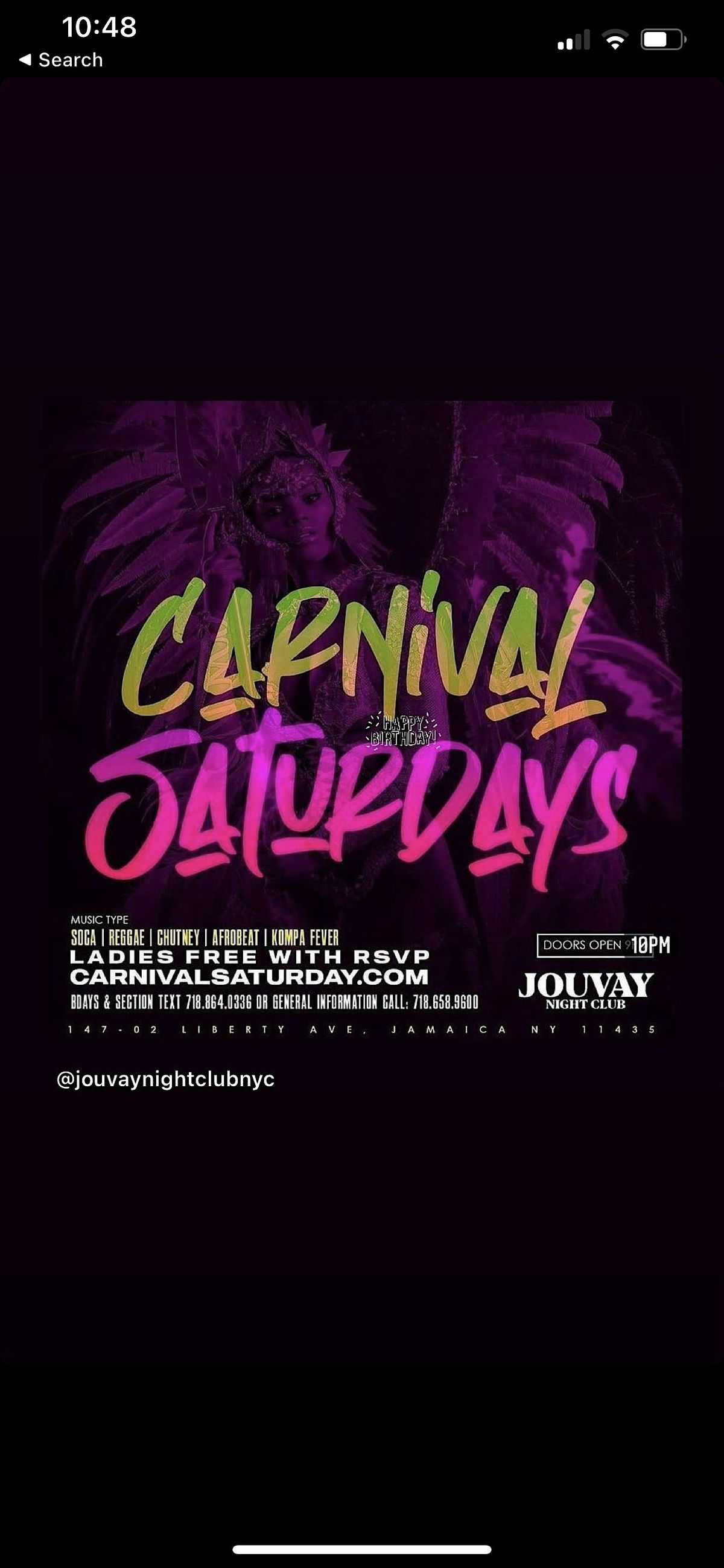 \u201c Carnival Saturday \u201c  1 Caribbean event (ladies no cover all night w\/rsvp)