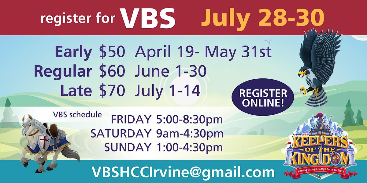 VBS Keepers of the Kingdom, 9237 Research Dr, Irvine, 28 July to 30 July