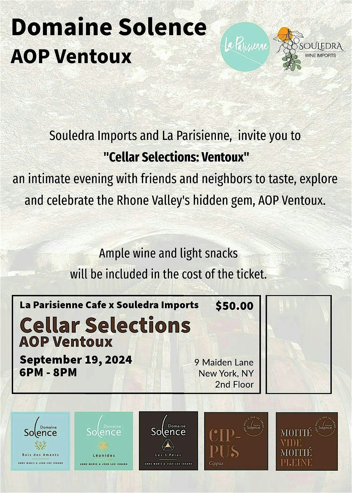 La Parisienne x Souledra Imports Cellar Selections Ventoux, 11 Maiden Ln, New York, 19
