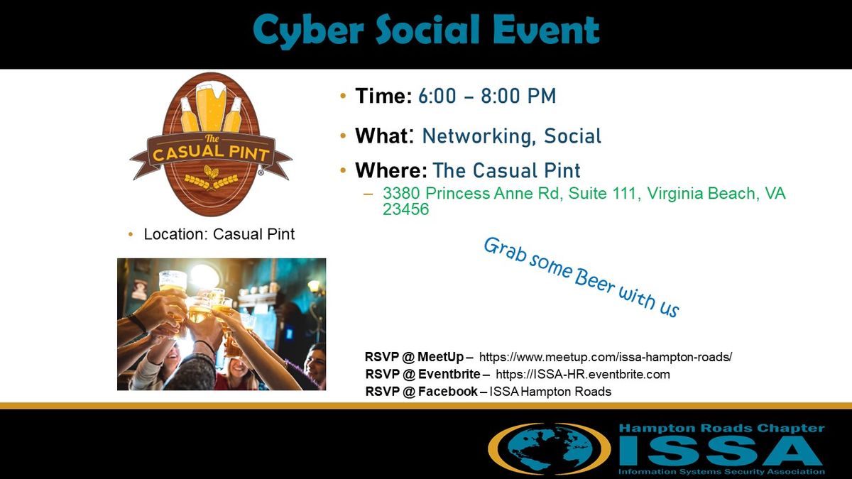Cybersecurity Social\/Happy Hour meetup for networking, meeting new people
