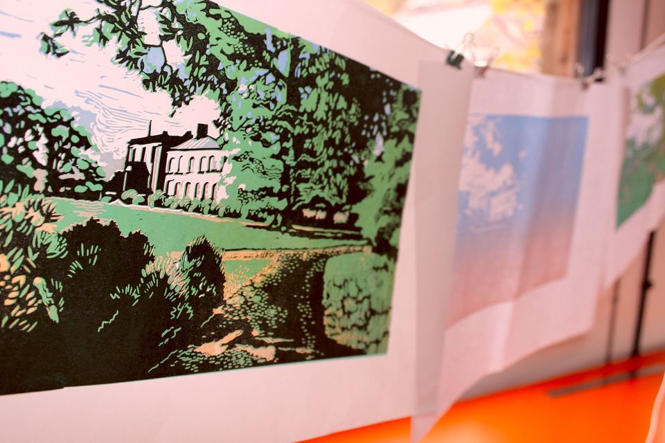 Linocut print with Lizzie Mee, Arlington Court, Barnstaple, N