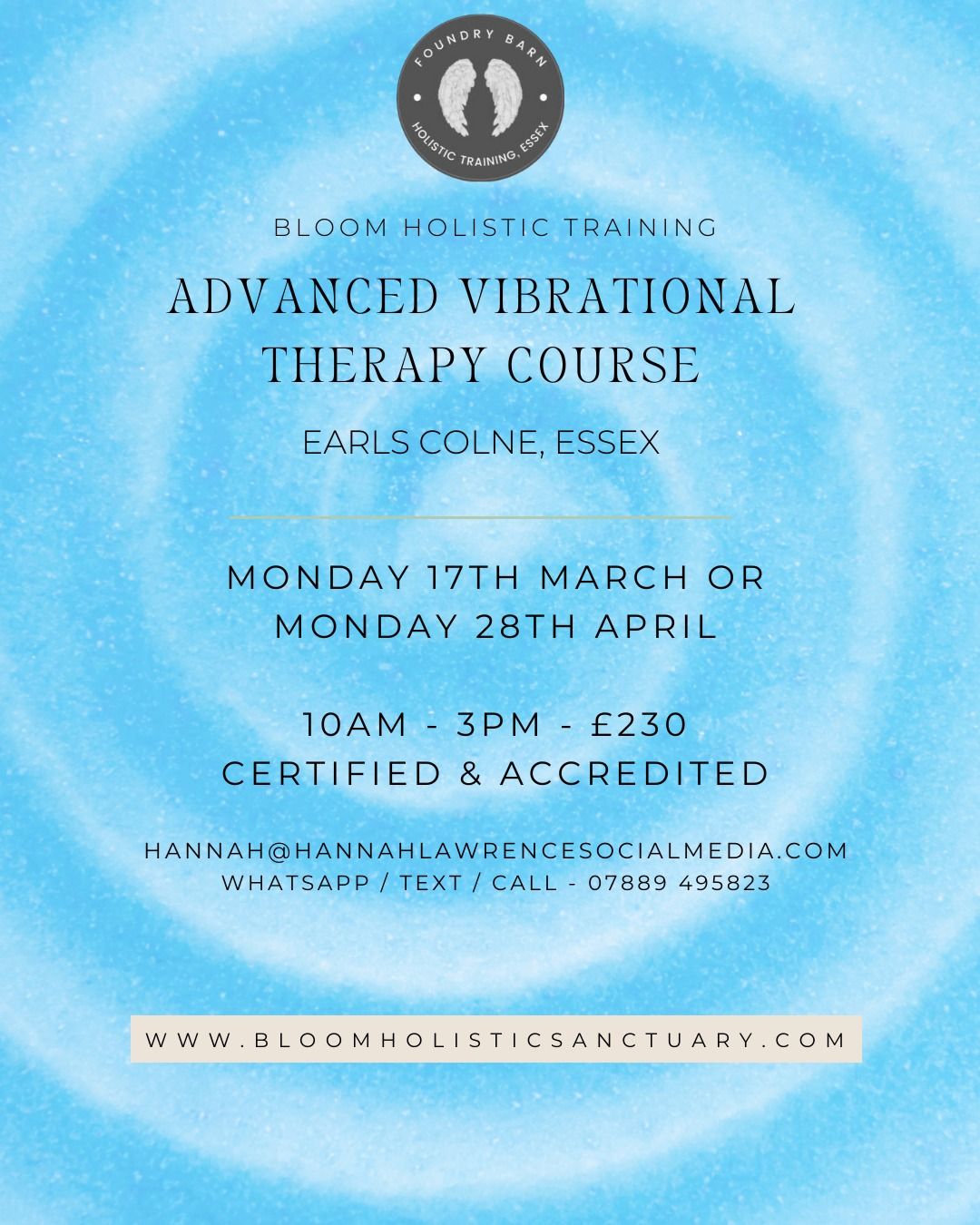 Advanced Vibrational Healing one day course at Foundry Barn, Earls Colne, Essex