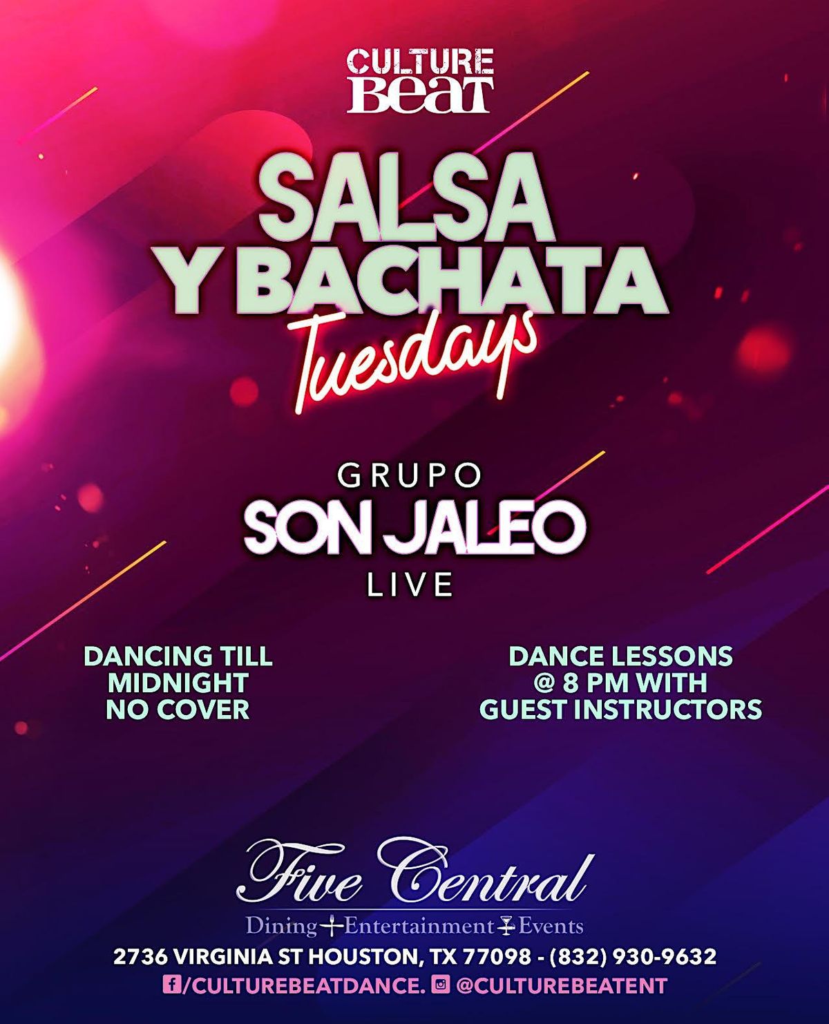 Salsa y Bachata TUESDAYS at FIVE CENTRAL, River Oaks, LIVE BAND! Free!