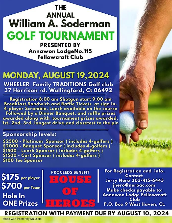 William A Soderman Annual Golf Tournament - Hosted by Annawon Lodge #115 Fellowcraft Club