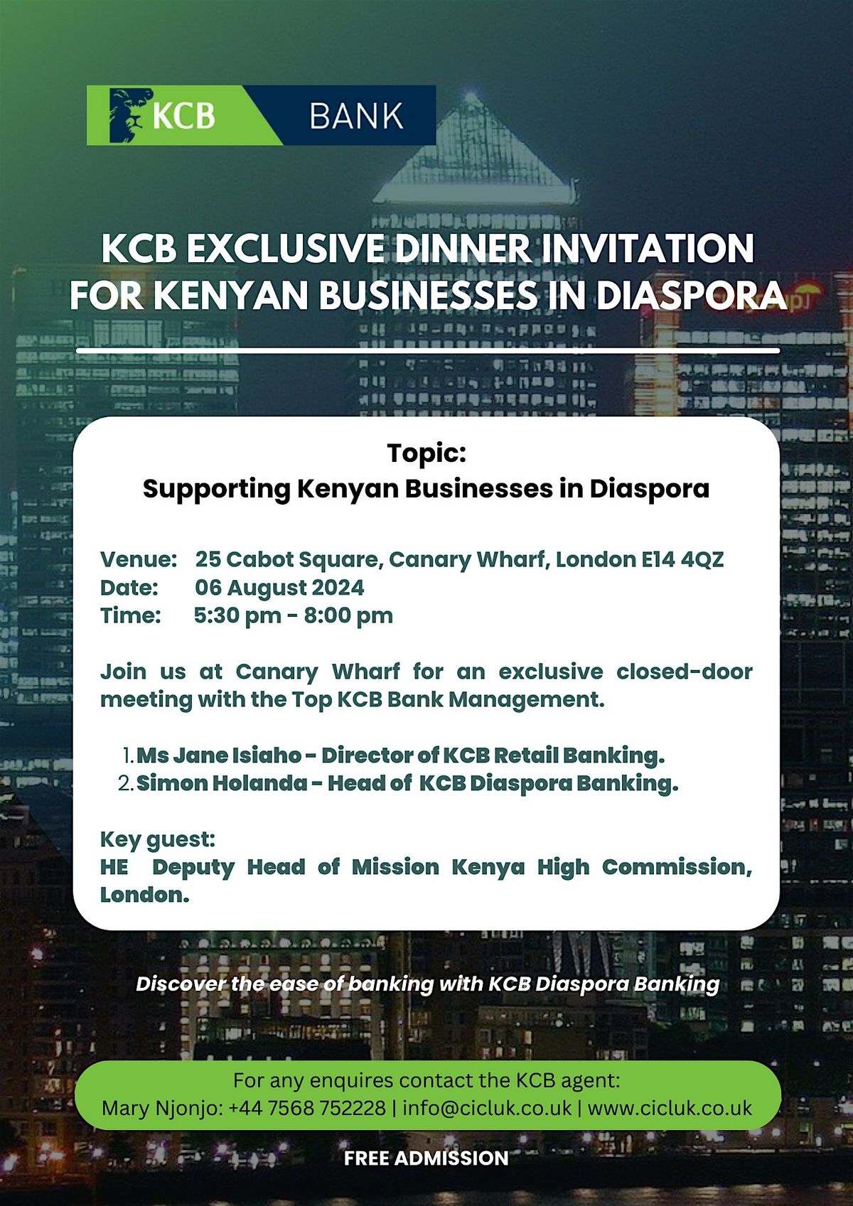 KCB EXCLUSIVE DINNER INVITATION FOR KENYAN BUSINESSES IN DIASPORA