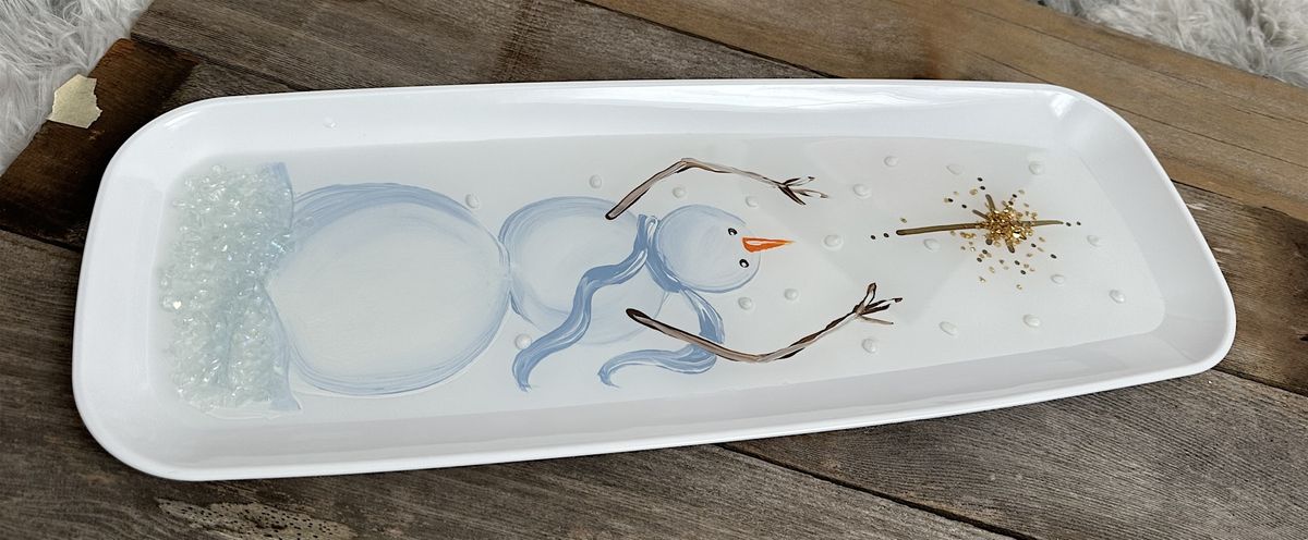 Snowman Crushed Glass Charcuterie Board with resin  Art Sip Class