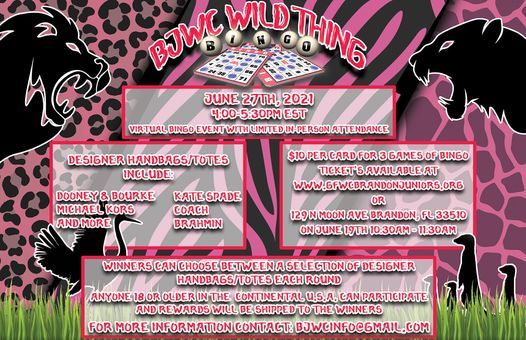 wild things bingo (virtual event with limited in person seating), gfwc brandon junior woman's club, 27 june 2021 wild things bingo (virtual