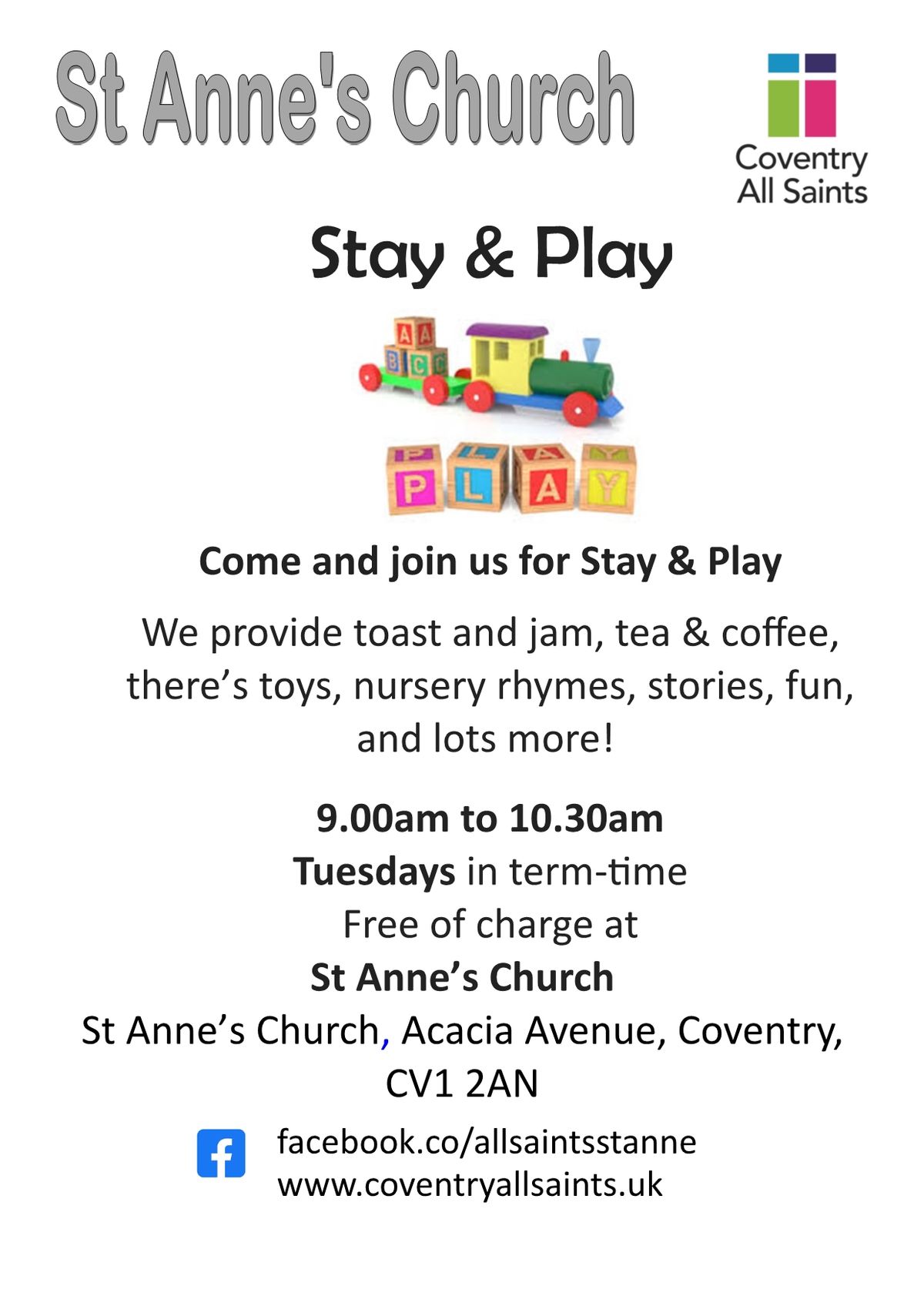 Stay & Play at St Anne's for parents and babies, toddlers, pre-schoolers