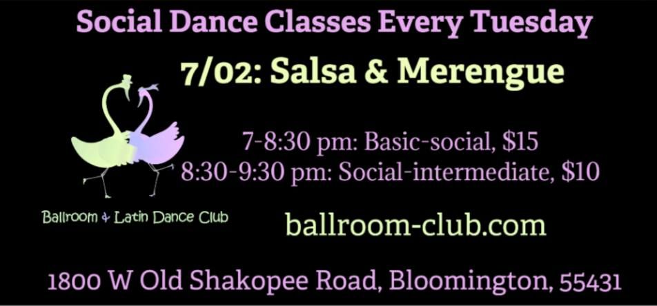 This Tuesday 7\/02, classes Salsa & Merengue: 7-8:30p for beginners; 8:30-9:30p for higher level.