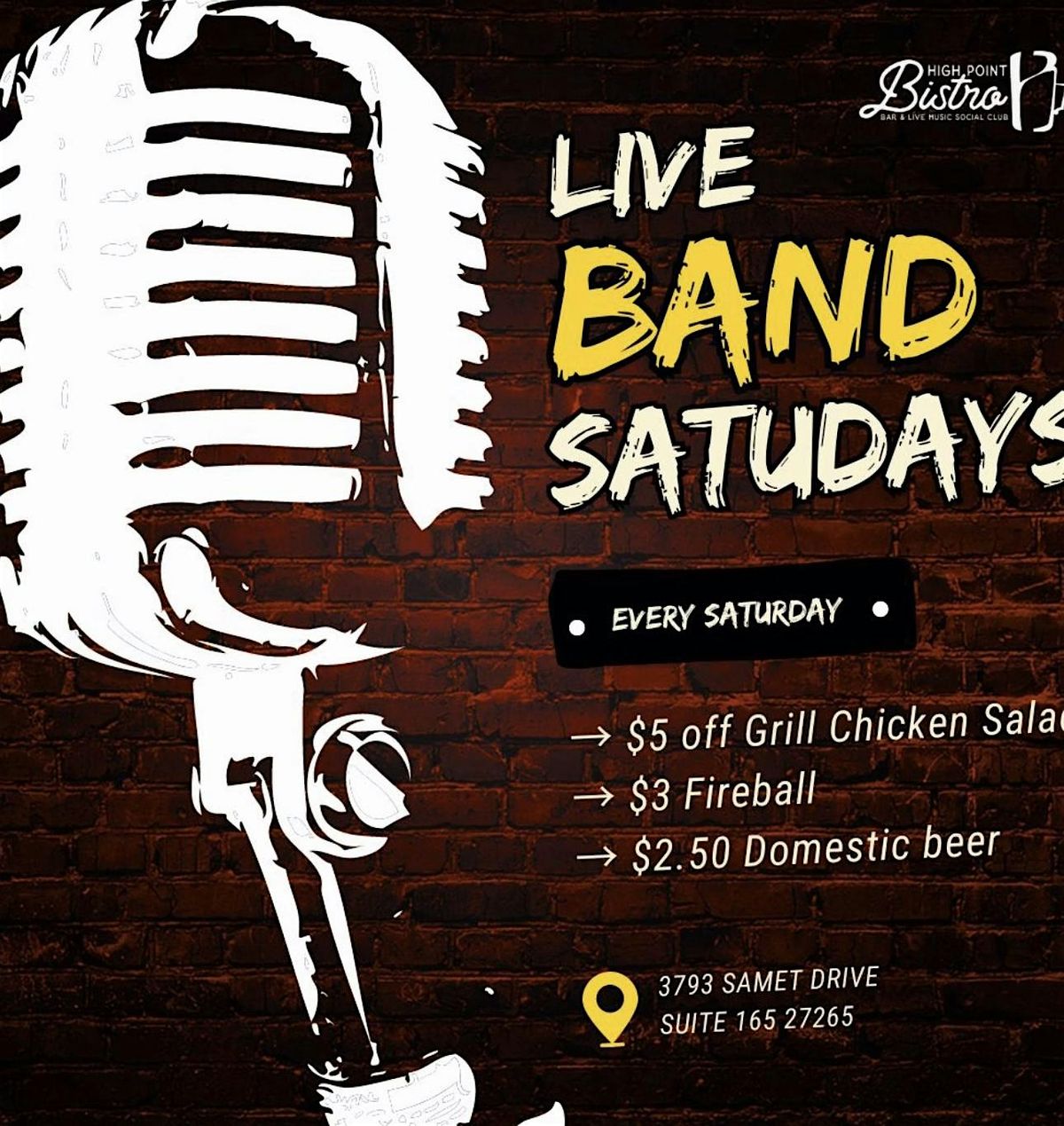 Saturdays Live Band Shows @Highpointbistro $3 Fireball $2.50 Domestics