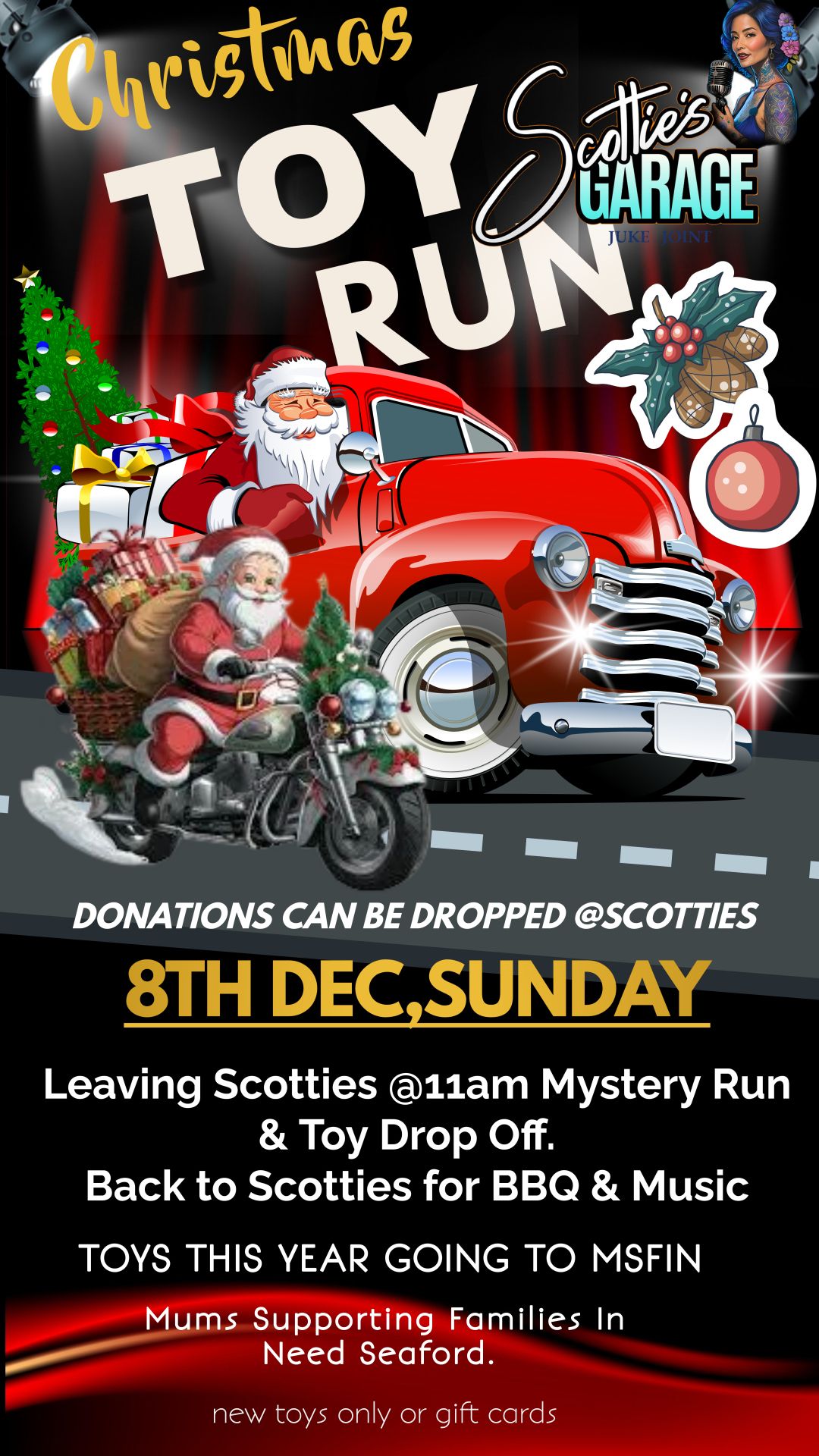 Scotties Annual Toy Run with BBQ - Bands & Raffles.