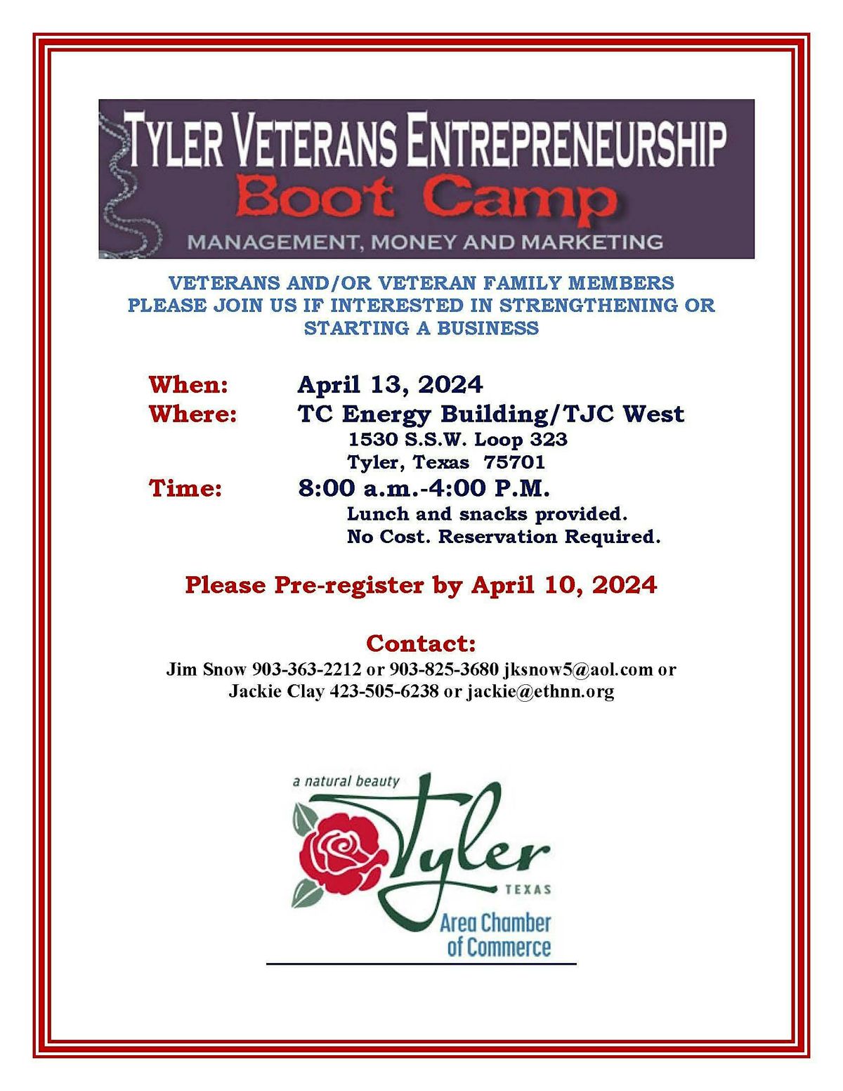 TYLER VETERANS ENTREPRENEURSHIP BOOT CAMP  - MANAGEMENT,  MONEY & MARKETING